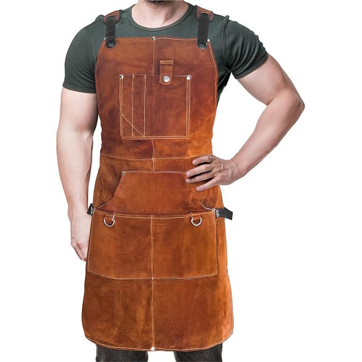 Sort de protectie din piele de vaca 1,4 mm, cusaturi Kevlar, 6 buzunare, sistem dorsal reglabil 260815BM2774, maro natural, marime unica (90×65 cm)