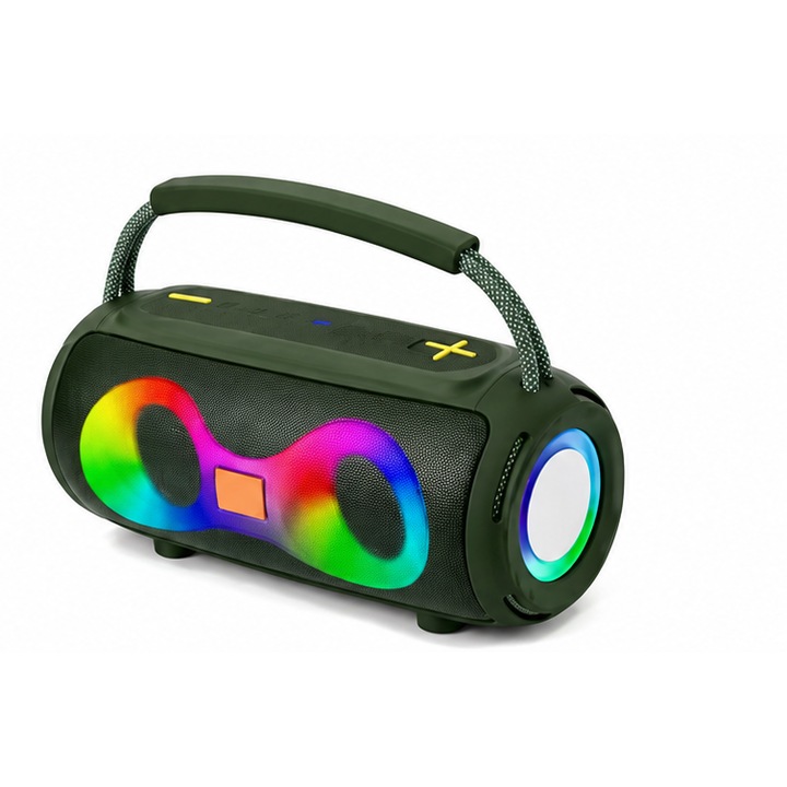 Boxa portabila Bluetooth OKOP KP-812, wireless V5.3, 10W, lumini LED RGB, baterie 1800mAh, maner transport, incarcare USB, verde