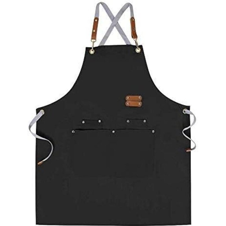Sort de bucatar din canvas/bumbac, cu bretele incrucisate ajustabile si buzunare mari, negru, uni