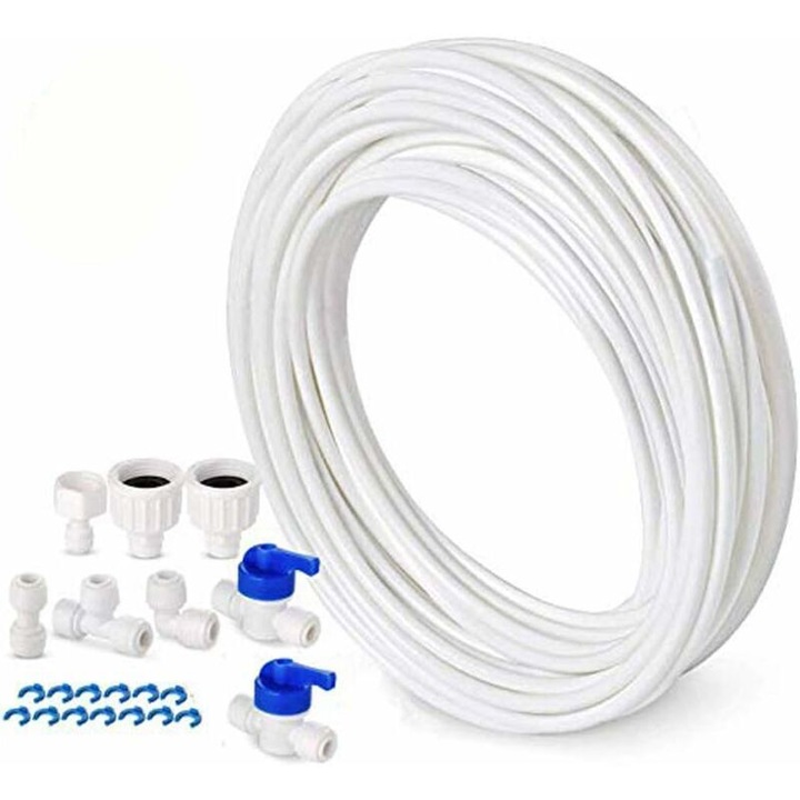 Furtun alimentare apa, set conexiuni pentru frigider, 6.35 mm (1/4), PE alimentar, fitinguri push-fit si robinet inline, Alb, 15 m