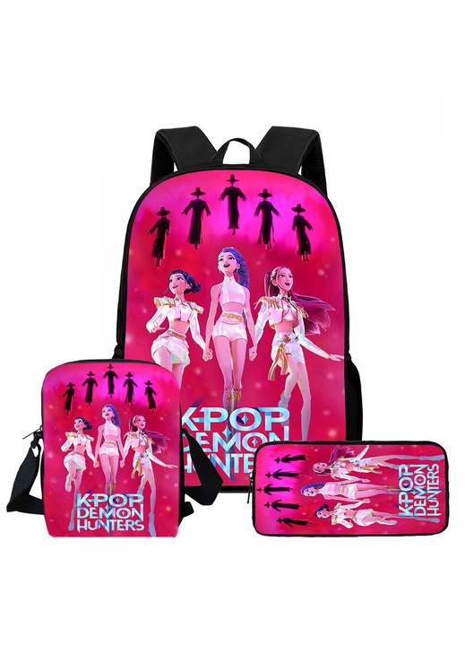 Set de trei rucsacuri, rucsacuri pentru elevi, K-pop Demon Hunters, Roz, 29*12*42 cm, 19*6*23 cm, 22*4*11 cm, tesatura Oxford, respirabil, rezistent la uzura, cu efect de reducere a greutatii