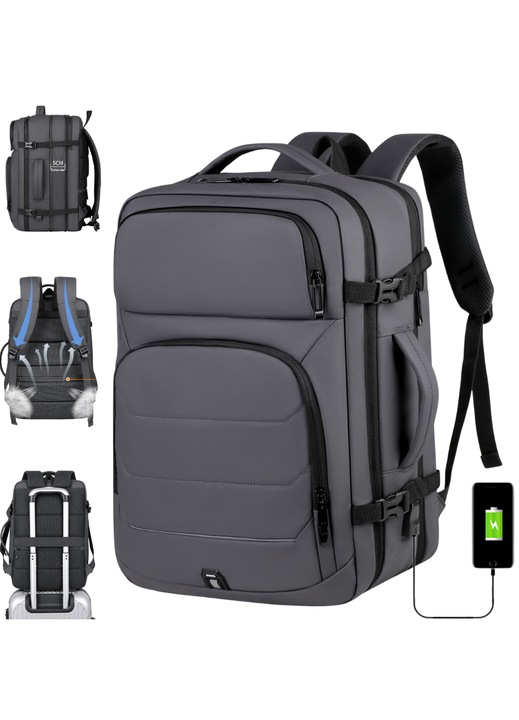 Rucsac pentru Calatorie cu spatiu Laptop 17 inch, Expandabil, Impermeabil, Ideal pentru Zboruri - Compatibil Cabina Avion, Ghiozdan Multifunctional VisionHub®, cu port de incarcare USB, Buzunare multiple, Capacitate mare, 47x19x31 CM, Gri