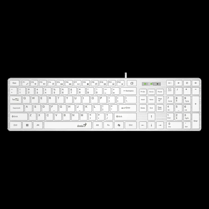 Клавиатура Genius SlimStar 126 slim, мултимедийна клавиатура с chiclet клавиши, 12 FN клавиша и 4 бързи клавиша, USB Plug and Play, бяла, кабел 1.4 м