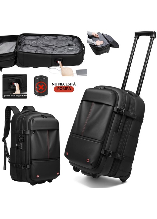 Rucsac Troller cu Vacuum Integrat de 60L, Pompa Incorporata, Extensibil, Compartiment Laptop 17”, TSA Lock, Ghiozdan Multifunctional VisionHub®, 2 in 1 cu Compresie Vid, Ideal pentru Calatorii, Sistem troler telescopic, Impermeabil, Bagaj Cabina Avion
