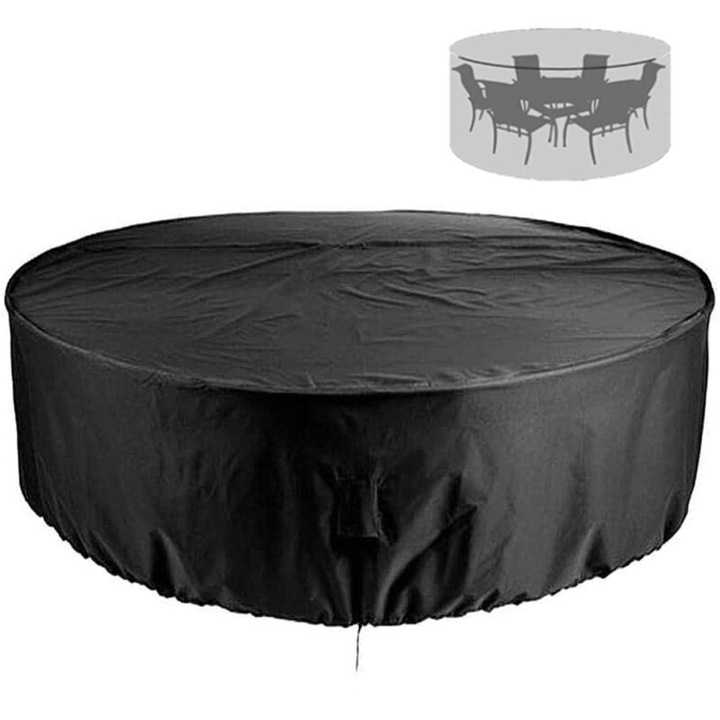 Kerek kerti asztal huzat, 210D/190T Oxford, vízálló és UV-álló, szélálló, húzózsinórral és rögzítőlyukakkal, Fekete, 188x84 cm, 1 db