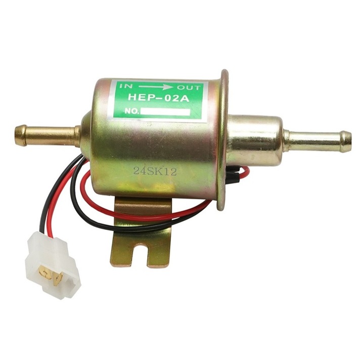 Pompa electrica alimentare combustibil 12V HEP-02A, universala pentru benzina si motorina, debit 115 L/h, filtru incorporat, racord 8 mm