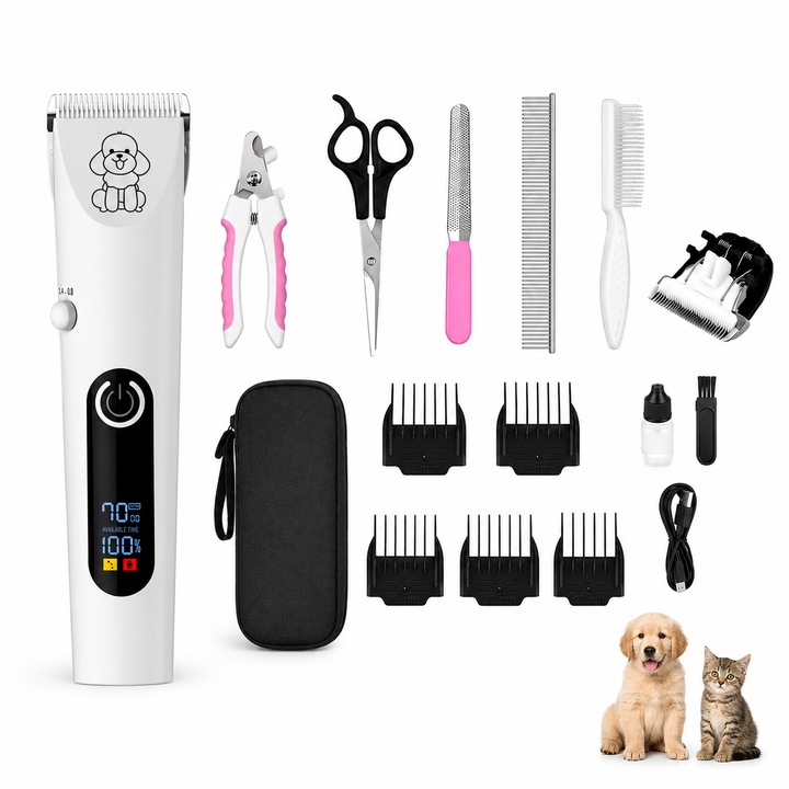 Masina de Tuns Animale Profesionala, Afisaj LCD, 10W, Acumulator 1800mAh, 7000RPM, Cap Ceramic si Lama de Schimb din Ceramica, Set Complet Ingrijire Blana si Unghii, Geanta de Transport, Alb/Negru