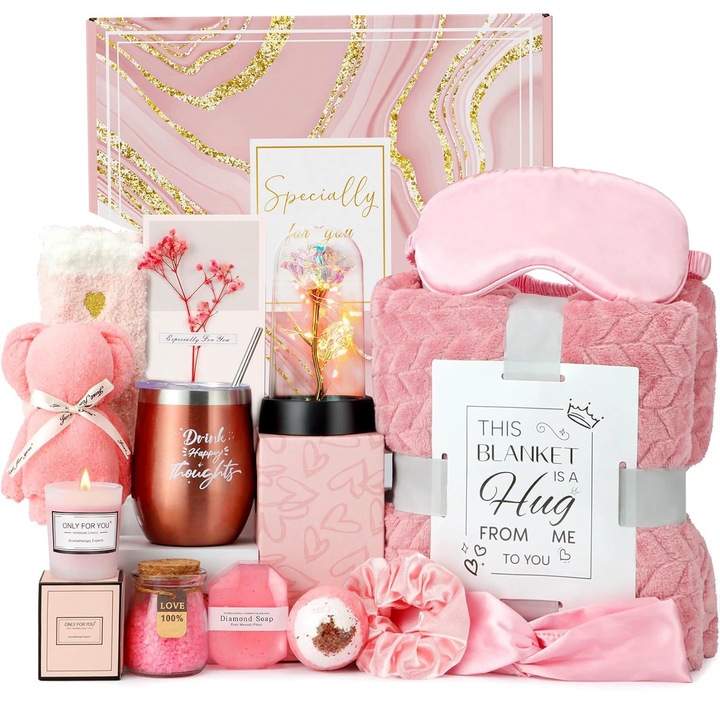 Set Cadou pentru Femei 14 Piese, Excitat@, Patura pufoasa, Pahar, Lumanare parfumata, Masca Somn, Sosete dama, Bomba de Baie, Sapun artizanal, Floare de trandafir, Prosop, Felicitare, Pentru ea, mama, fata, sotie, fiica, sora, nasa, profesoara