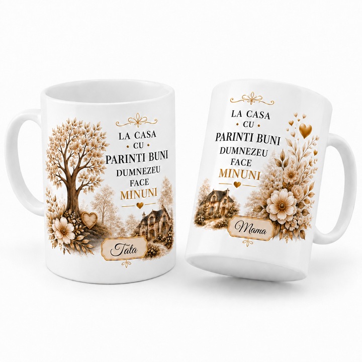 Set 2 cani personalizate pentru Mama si Tata, mesaj emotional „La casa cu parinti buni Dumnezeu face minuni”, cani ceramice albe 330 ml, model floral elegant cu accente aurii, cadou deosebit pentru parinti