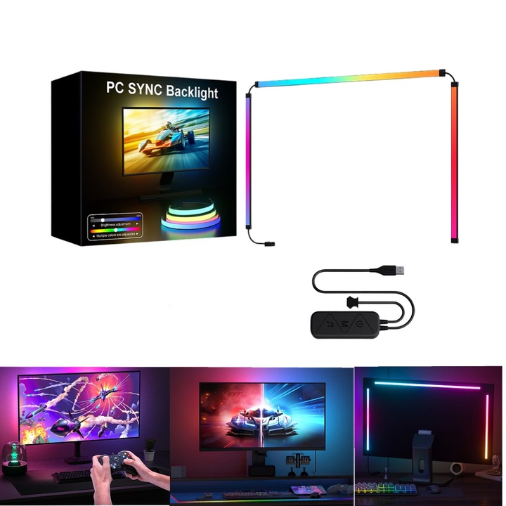 DX Light RGB LED Szalag 95cm Monitor Háttérvilágítás PC-hez, 3 Mód: Képernyő Szinkronizálás, Zene és Dinamikus, Gaming és Mozi Hangulat, USB, Szoftveres Vezérlés