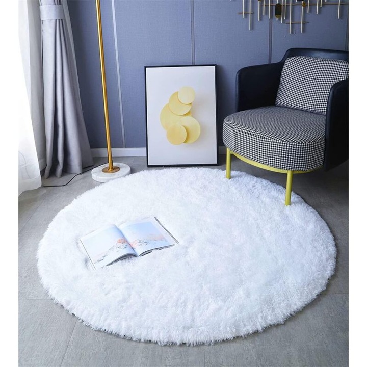 Covor rotund, 120x120cm, 4.5cm inaltime, antiderapant, alb