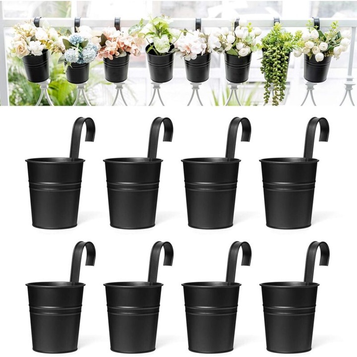 Ghiveci suspendat din fier / jardiniera pentru balustrade si garduri, cu carlig detasabil, cu orificiu de drenaj, Negru, 8 buc., O 9.7 cm, H 10.2 cm