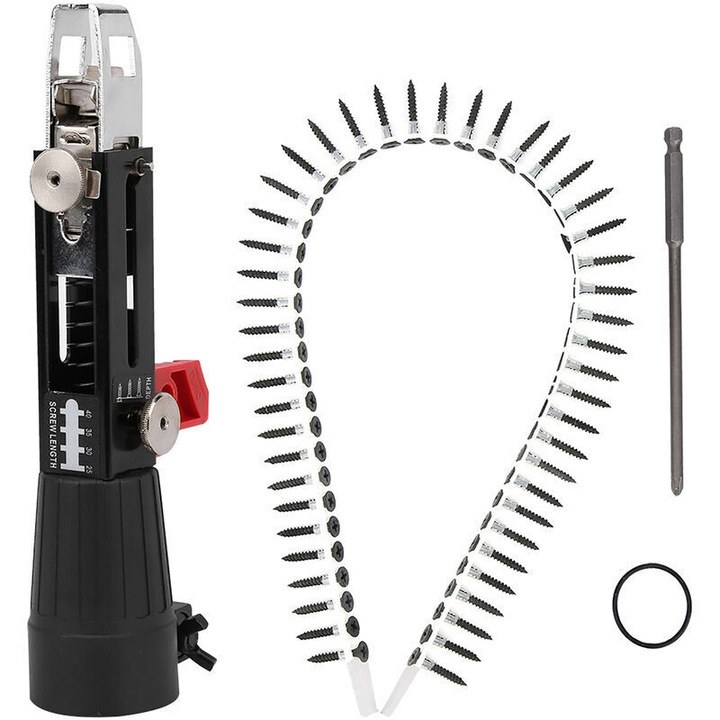 Adaptor pentru bormasina, pistol automat de insurubat cu lant, aliaj aluminiu, alimentare automata si reglabil pentru adancime si lungime, compatibil mandrina 41-46 mm, negru, 1 set (lant 50 suruburi)