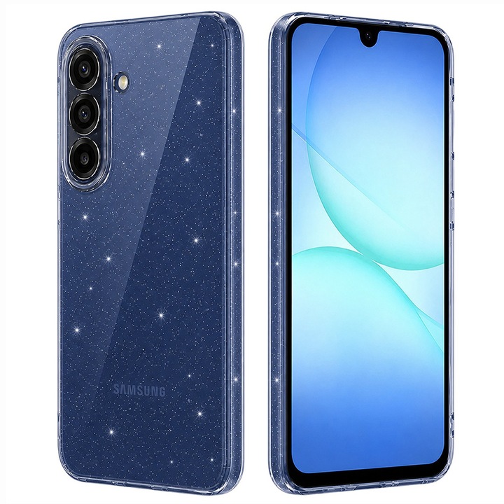 Glitter Spark tok, Samsung Galaxy A17 5G / A17 4G / M17 / F17 készülékhez, rugalmas szilikon, csillogó design, fokozott védelem, átlátszó