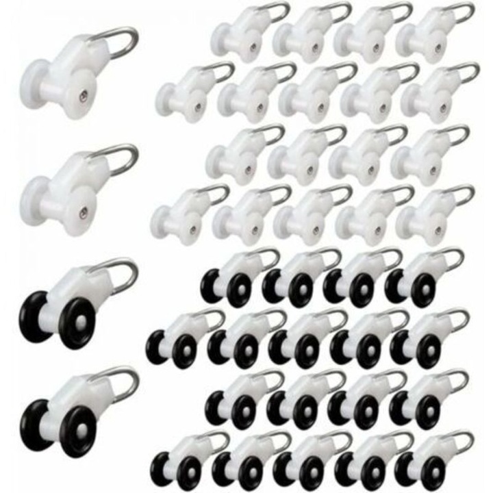 Set role/ghidaje glisante pentru sina perdea, cu carlige metalice si roti din plastic, compatibile cu majoritatea sinelor, alb/negru, 40 buc
