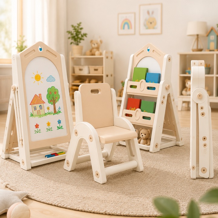 Tabla multifunctionala tip Centru Educational 3 in 1 pentru Copii, Tabla de Scris + Biblioteca + Scaunel, VisionHub®, Reglabil si Pliabil, Multifunctional, Activitati educative si Invatare, Design Sigur pentru Copii, Spatiu de depozitare