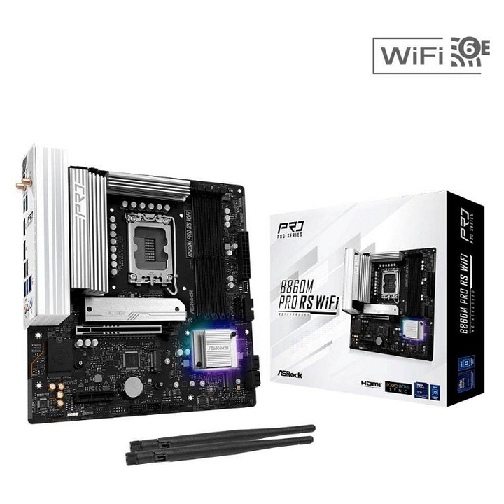 Дънна платка ASRock B860M Pro RS WiFi, LGA1851, Intel B860, 4x DDR5, PCIe Gen5, Wi‑Fi 6E, 2.5G LAN, Micro ATX, черна/сребриста, 24.4x24.4 cm