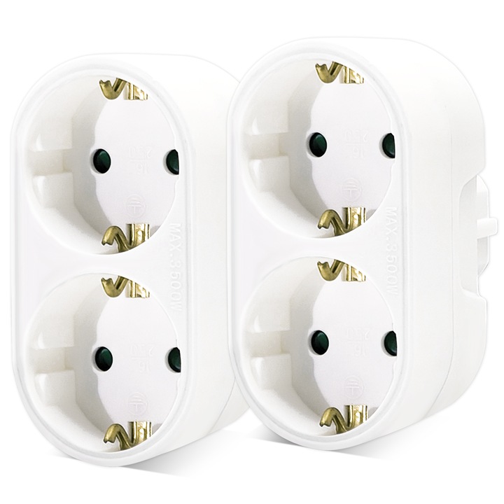 2X Adapter Aljzat 2 az 1-ben, Dupla Aljzat Hosszabbító, 16A 250V, Ellenálló Műanyag Anyag, Fehér, Otthoni és Irodai Használatra