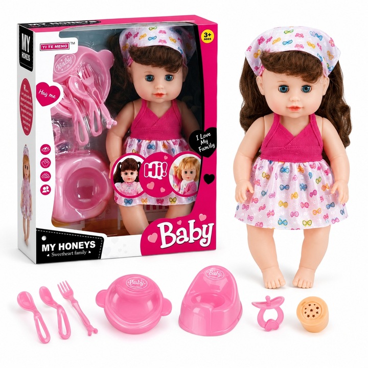 Papusa Bebelus Interactiva 31 cm pentru Copii, Set Baby Doll cu Accesorii de Hranire si Ingrijire, Jucarie pentru Fetite cu Sunete si Functii Interactive, Papusa Bebe pentru Joaca si Cadou Copii 3+ Ani, Multicolor