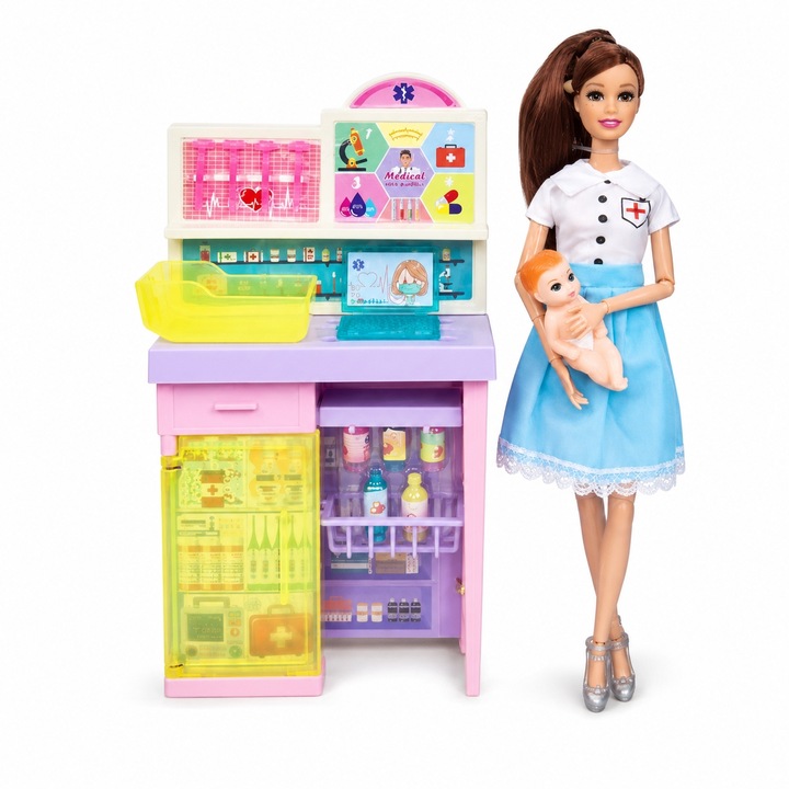 Papusa Anglinda Asistenta lui Bebe pentru Copii, Set Jucarie cu Papusa Doctorita, Bebelus si Mobilier Medical, Joc de Rol Interactiv pentru Ingrijire si Joaca, Cadou pentru Fetite si Copii 3+ Ani, Multicolor