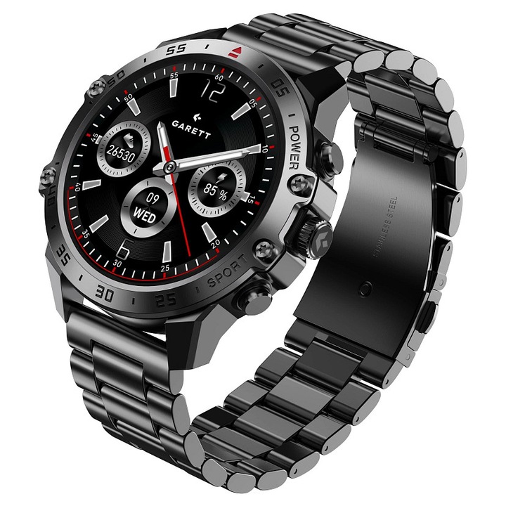 Garett, Ceas okosóra rozsdamentes acélból, 1.43" AMOLED kijelzővel, 466x466 felbontással, Bluetooth hívásokkal, IP68, akár 8 napos üzemidővel V14, Fekete, 47 mm