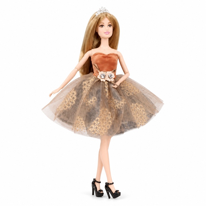 Emily Collection 32 cm-es baba gyerekeknek, Elegáns divatbaba aranybarna ruhában virágmintával és kiegészítőkkel, Prémium gyűjtői modell hosszú hajjal frizurakészítéshez, Különleges ajándék 3+ éves kislányoknak