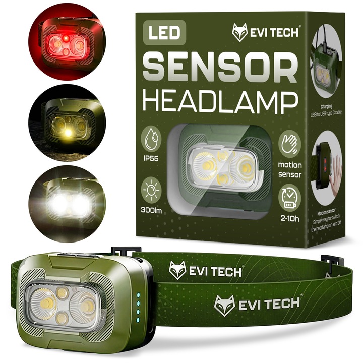EVI TECH WaveBeam 300 LED fejlámpa, USB-C újratölthető, Mozgásérzékelő, 300 lm, 8 mód, IP55 vízálló, 1500 mAh akkumulátor, Zöld