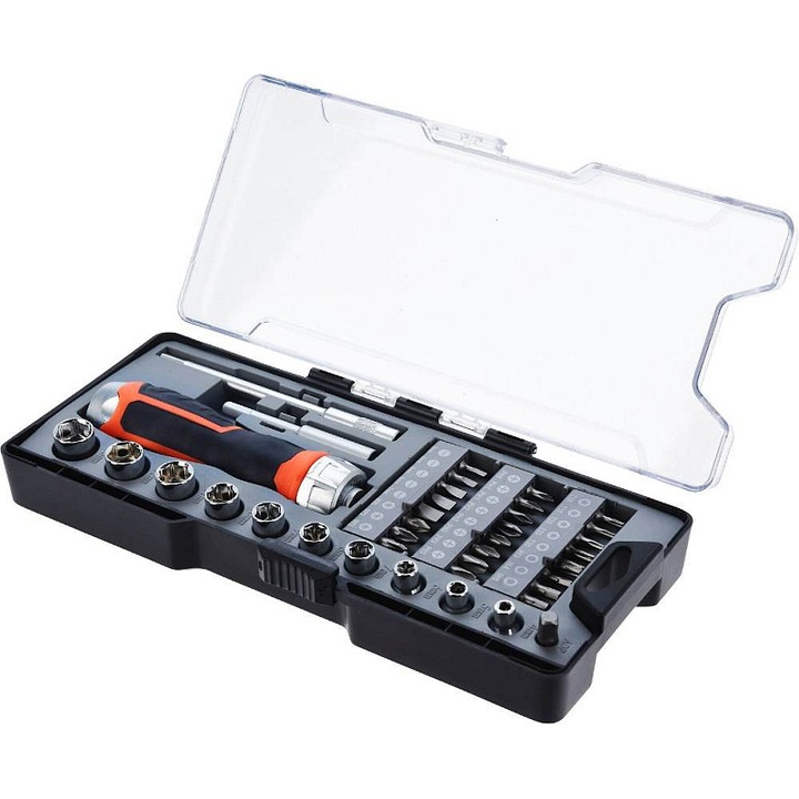 Set scule 38 piese FX TOOLS, racleta si surubelnita, negru portocaliu, 13x5x26.5cm