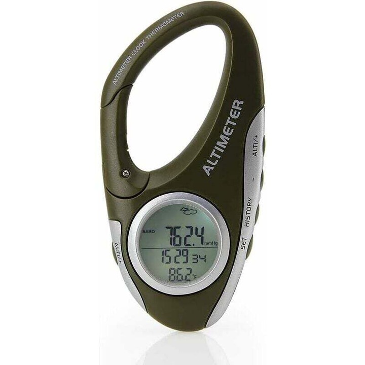 Barometru altimetru termometru multifunctional pentru drumetii si camping, din ABS, cu retroiluminare si inregistrare istorica pana la 256 citiri, baterie CR2032 inclusa, Verde, 1 buc