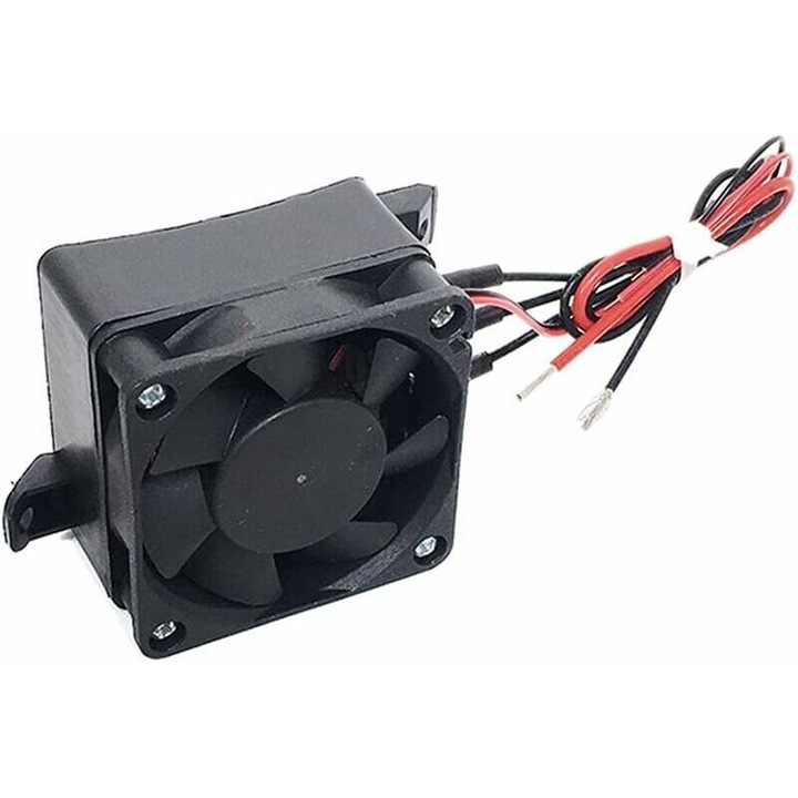 PTC fűtőtest ventilátorral, 70W 12V DC tojáskeltetőhöz, műanyag fűtőelem, gyors fűtés és állandó hőmérséklet fenntartása, fekete, 90x60x42 mm