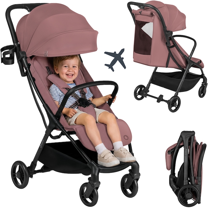 Carucior AGIA cu suport pentru pahare, ideal pentru calatorii, se pliaza cu o singura mana, usor, compact, potrivit pentru avioane, 7 kg, cu centuri de siguranta in 5 puncte, spatar reglabil, se pliaza cu o singura mana