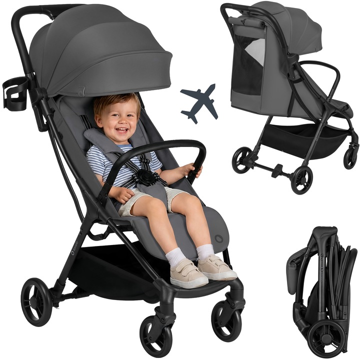Carucior AGIA cu suport pentru pahare, ideal pentru calatorii, se pliaza cu o singura mana, usor, compact, potrivit pentru avioane, 7 kg, cu centuri de siguranta in 5 puncte, spatar reglabil, se pliaza cu o singura mana