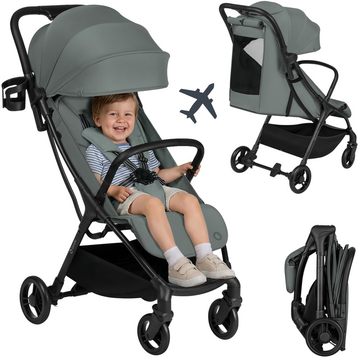 Carucior AGIA cu suport pentru pahare, ideal pentru calatorii, se pliaza cu o singura mana, usor, compact, potrivit pentru avioane, 7 kg, cu centuri de siguranta in 5 puncte, spatar reglabil, se pliaza cu o singura mana