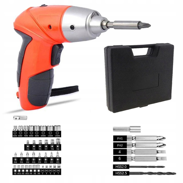 Мини акумулаторна отвертка Active Tools 3.6V, 45 части, черна, комплект с куфар