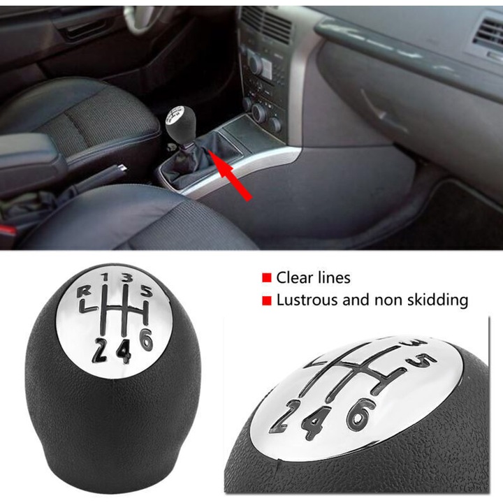 Nuca schimbator de viteze, maneta schimbator, 6 viteze, din PVC, ergonomic, inlocuire directa, compatibil Vauxhall/Opel/Nissan, Negru/Argintiu, 1 buc