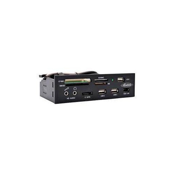Acutake DarkMultiPanel 1 belső kártyaolvasó, all-in-one kártyaolvasó, USB 2.0 akár 480Mbps, eSATA 3Gbps, 1394 (FireWire) port 400Mbps, 3x USB hub, Audio AC'97/HDA, több kártyatípus támogatása akár 8GB-ig, fekete