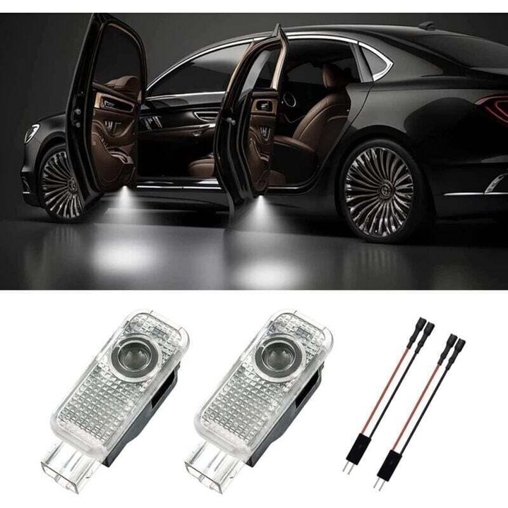 2 db autós ajtófény projektor készlet, LED-del és kvarc lencsével, dekódoló chippel és plug-and-play telepítéssel, kompatibilis Audi A3/A4L/A5/A6L/A7/A8/Q3/Q5/Q7/S6, Fehér