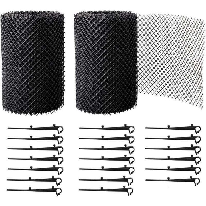 Plasa protectie jgheab PP, anti-frunze, cu 20 cleme de prindere, 18 cm latime, Negru, 16 m (2 role)