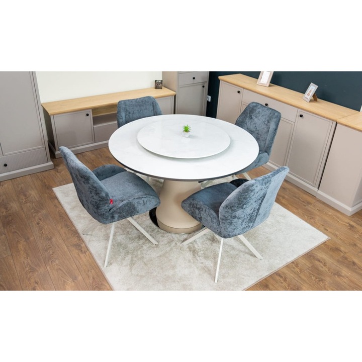 Set Masa Living Extensibila Rotunda CT163 Blat Ceramic Alb cu 4 Scaune KJC77 Gri Deschis