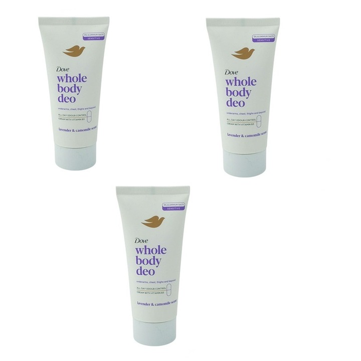 Set 3 antiperspirante crema Dove Whole Body, lavanda si musetel, 3 x 75ml