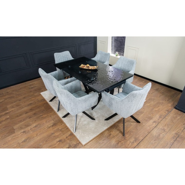 Set Masa Living Extensibila CT241 Blat Sticla Securizata Neagra cu 6 Scaune KJC385 Gri