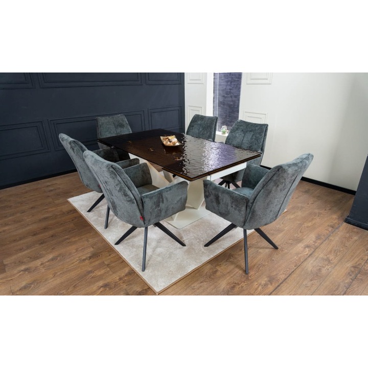 Set Masa Living Extensibila CT242 Blat Sticla Securizata cu 6 Scaune DCM0601AS Gri Inchis