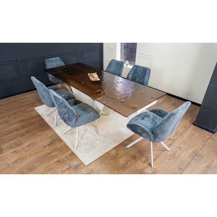 Set Masa Living Extensibila CT242 Blat Sticla Securizata cu 6 Scaune Tapitate DCM0104CS Gri