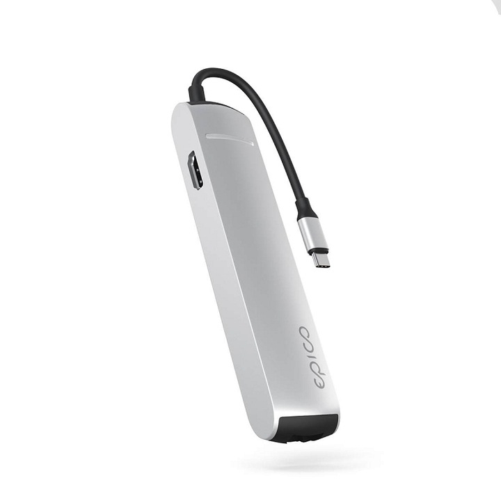 EPICO 6 az 1-ben Slim USB-C hub, USB-C-ről HDMI/USB-A/Ethernet adapter, HDMI 8K/30Hz és 4K/120Hz, Power Delivery 100W, 3x USB-A 5Gb/s, Ezüst