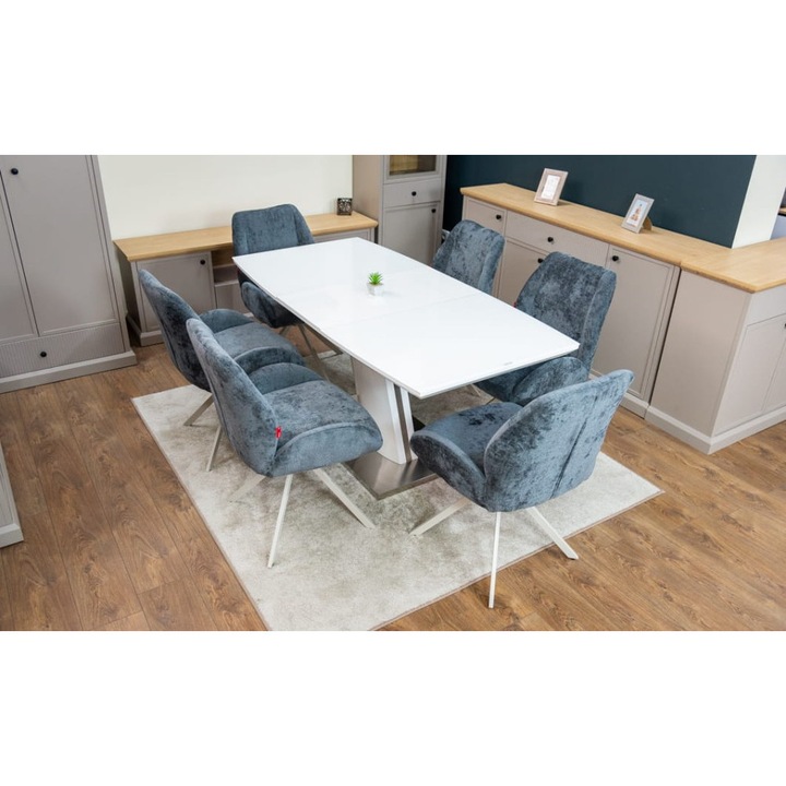 Set Masa Living Extensibila KJT380 Blat Lucios Alb cu 6 Scaune Rotative DCM0104CS Gri