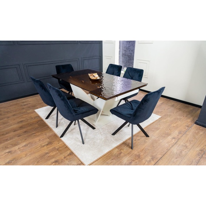 Set Masa Living Extensibila CT242 Blat Sticla Securizata cu 6 Scaune KJC356 Negre
