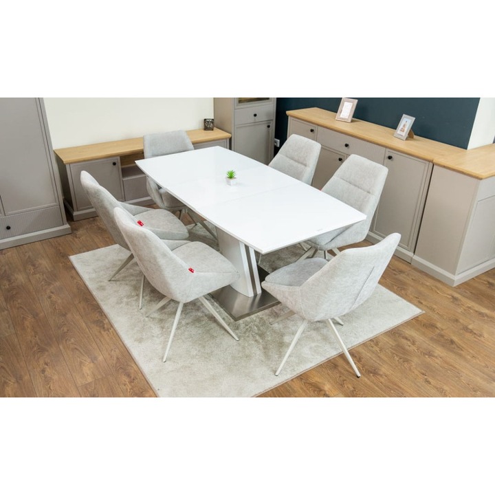 Set Masa Living Extensibila KJT380 Blat Lucios Alb cu 6 Scaune Rotative DCM0108CS Gri Deschis