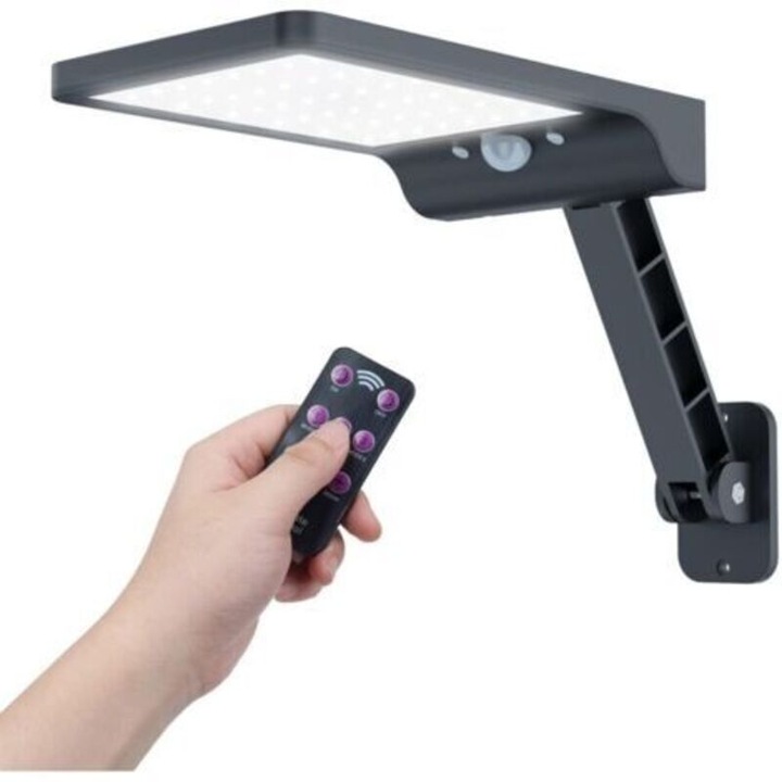 Proiector solar LED de exterior / Lumina solara cu senzor de miscare, 48 LED, baterie 2200 mAh, 3 moduri iluminare, IP65, telecomanda inclusa, Negru, 1 buc