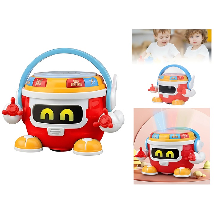 Jucarie muzicala Angmad Robot cu toba, lumini LED cu proiectie, 360°, jucarie interactiva copii 3 ani+, miscare automata, 4 melodii, ABS rezistent, rosu multicolor