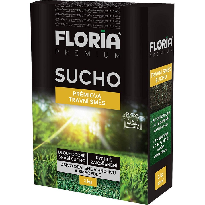 AGRO Floria Premium Sucho fűmag, száraz és napos területekre való keverék, hidroaktív bevonattal és nitrogénnel a gyors csírázásért, zöld, 1 kg